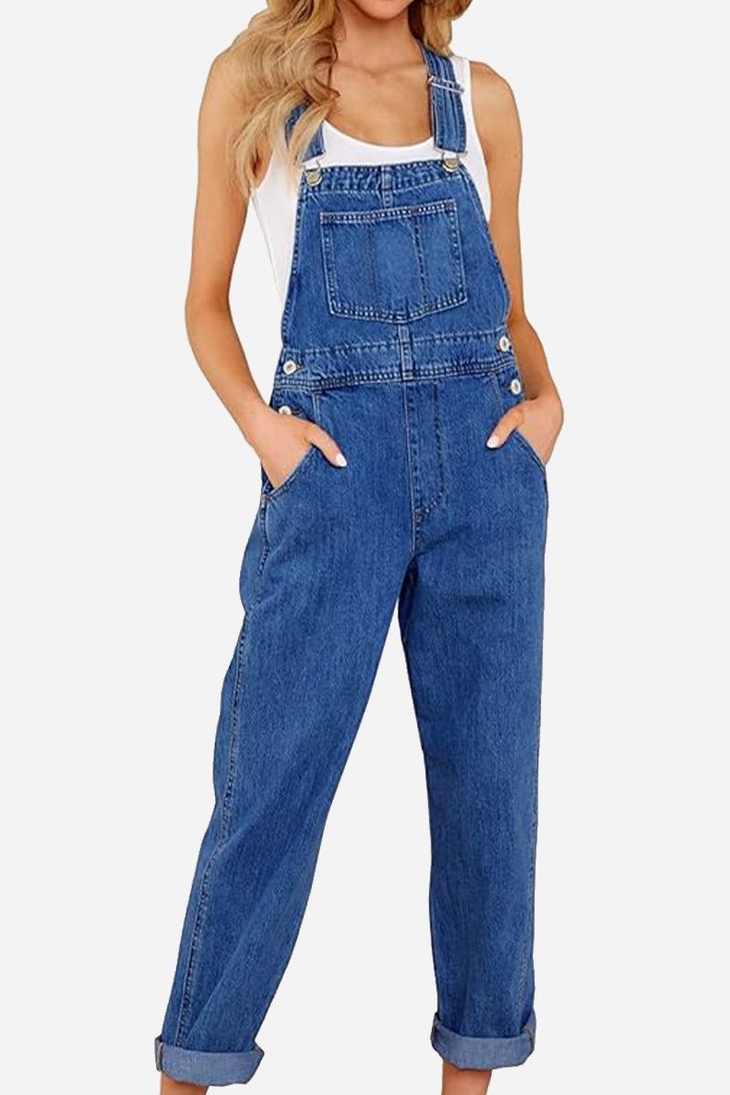Women wearing denim-look tapered-leg adjustable bib overalls with pockets and rolled cuffs