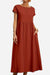 Rust red capped-sleeve voluminous pleated midi dress with pockets and relaxed fit