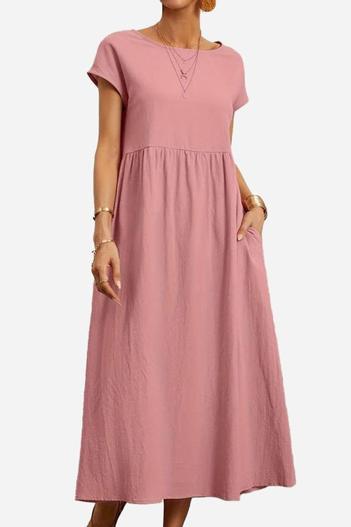 Pink capped-sleeve voluminous pleated midi dress with pockets and flowing silhouette