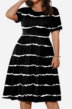 Black short-sleeved pleated dress with white horizontal stripes and a cinched high waist, featuring a modest knee-length cut and pockets.