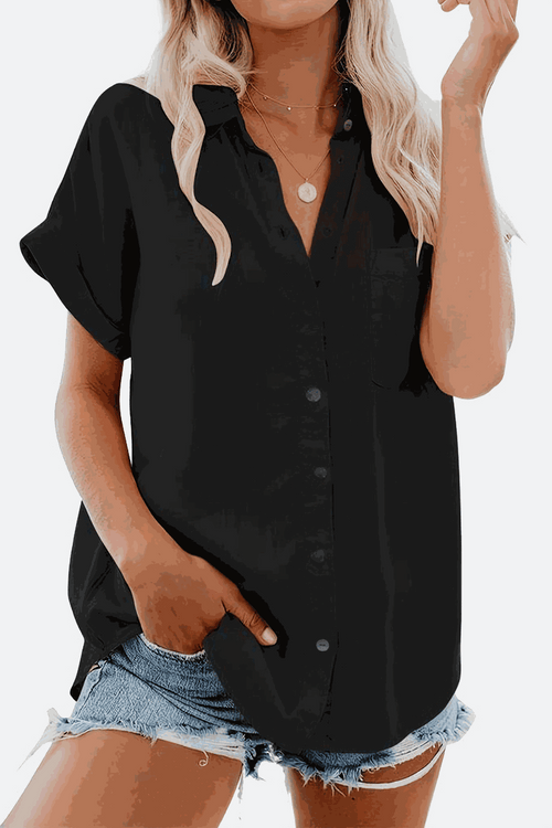 Black V-neck collared button blouse with rolled short sleeves and front pocket, styled with denim shorts.