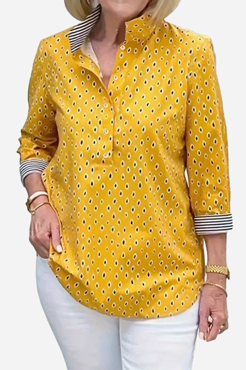 Yellow Boho Chic Resort Blouse with polka dots and striped collar and cuffs, lightweight with three-quarter sleeves.