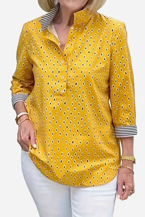 Yellow Boho Chic Resort Blouse with polka dots and striped collar and cuffs, lightweight with three-quarter sleeves.