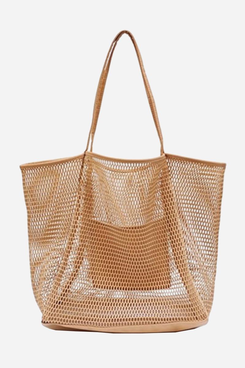 Lightweight tan breezy mesh tote bag with sturdy polyester netting and shoulder straps for versatile travel and everyday use