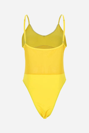 yellow mesh tan-through one piece swimsuit with adjustable straps and sleek design