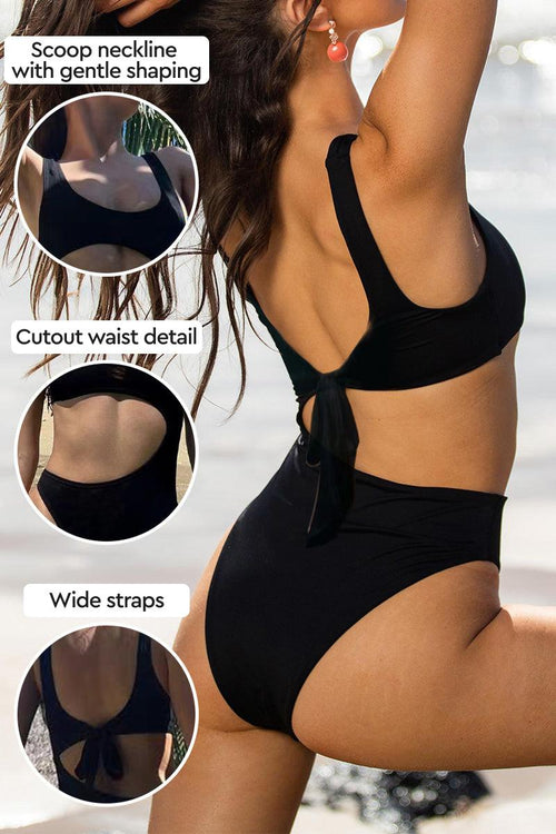 Seamless anti-tan line black one-piece swimsuit with cutout waist and wide straps