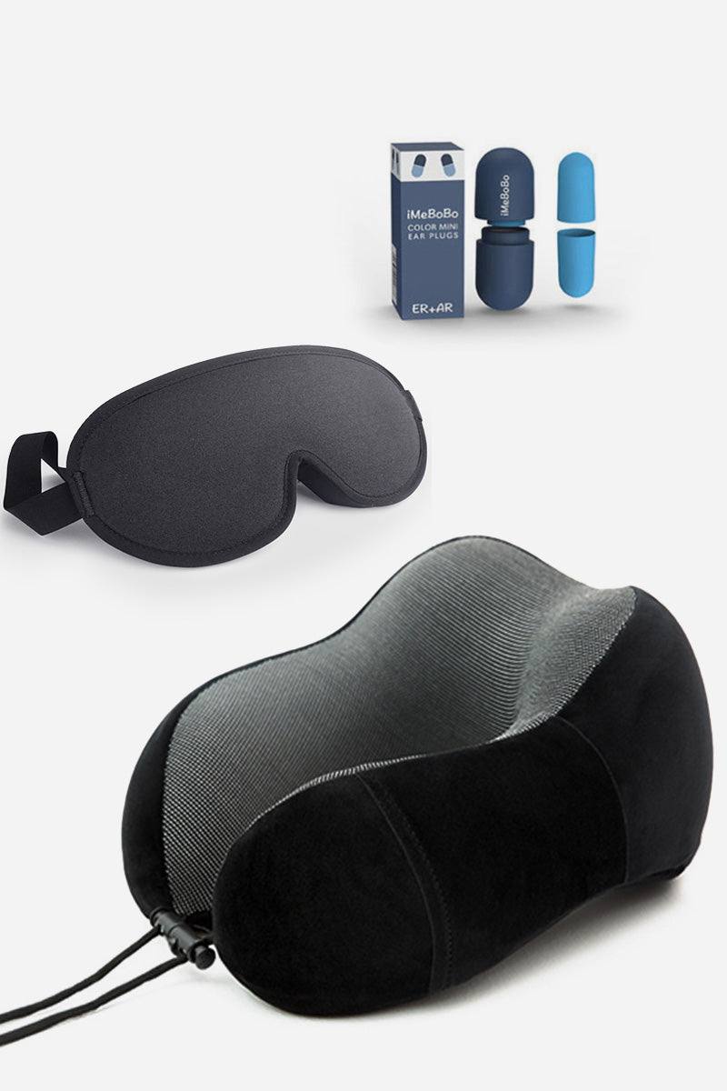 Travel Comfy Kit with memory foam neck pillow, blackout eye mask, and noise-blocking earplugs for ultimate travel comfort and relaxation