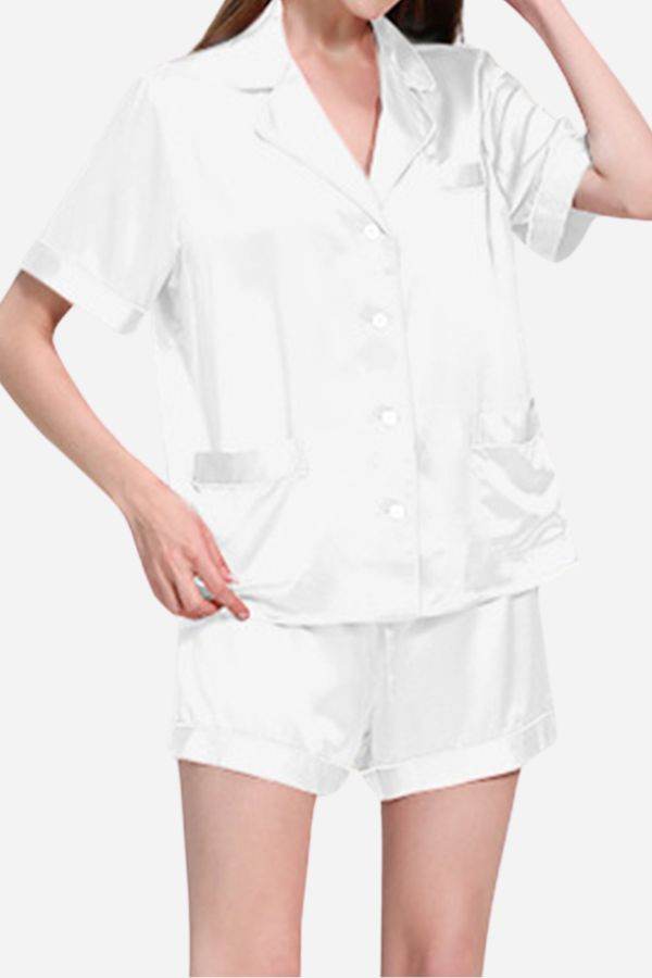White Mulberry Silk buttoned short set nightwear for women, lightweight and breathable pajamas