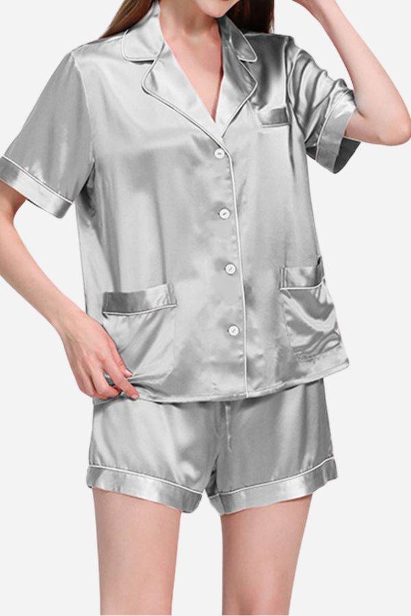 Women's silver Mulberry Silk buttoned short pajama set, soft and breathable sleepwear.
