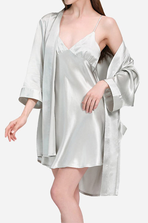 Woman wearing a soft silver Mulberry Silk Nighty and matching robe set
