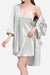 Woman wearing a soft silver Mulberry Silk Nighty and matching robe set