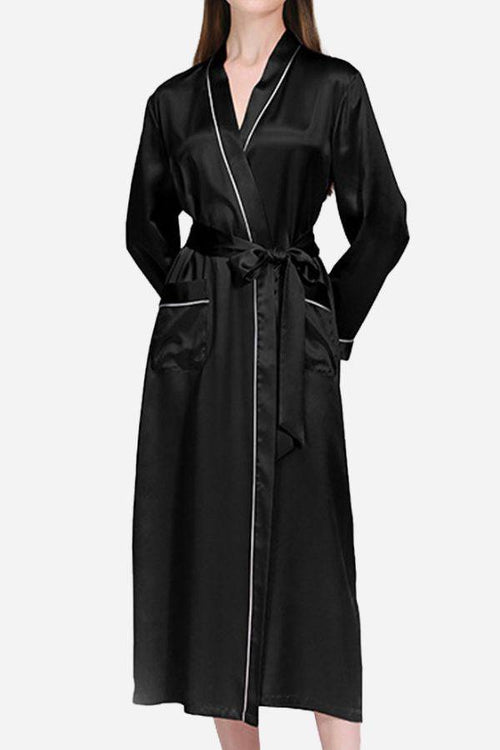 Black 100% mulberry silk belted nightgown with long sleeves and contrast piping