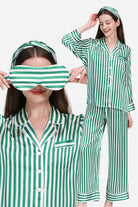 Green and white striped 100% mulberry silk long sleeve pajama set with matching eye mask and headband