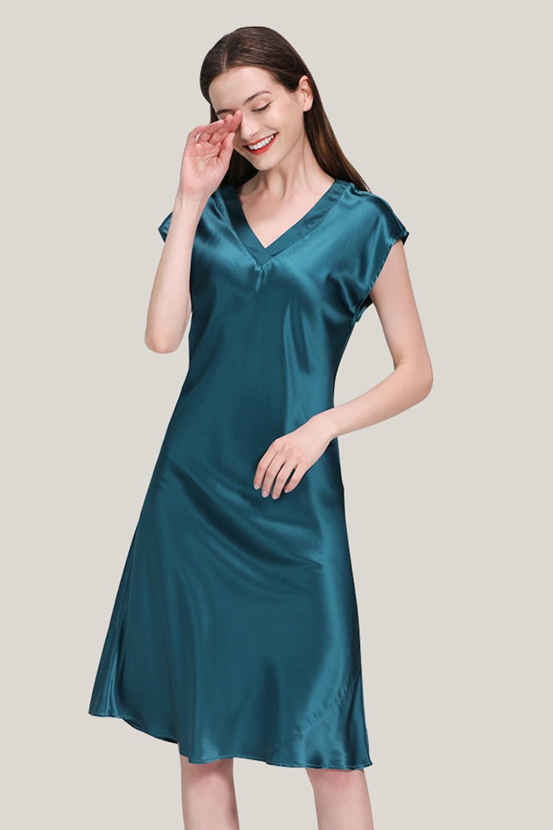 Mulberry Silk V-Neck Nightgown in teal, lightweight breathable silk sleepwear with short sleeves and flowing silhouette