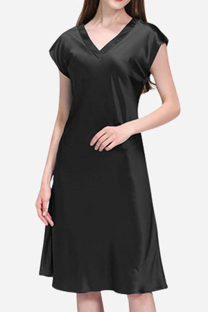 Black Mulberry Silk V-Neck Nightgown with short sleeves and flowing silhouette for luxurious comfort and cooling sleep