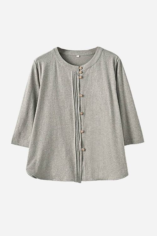 Grey linen cotton classy eco-friendly women's shirt with buttons and pleated front design