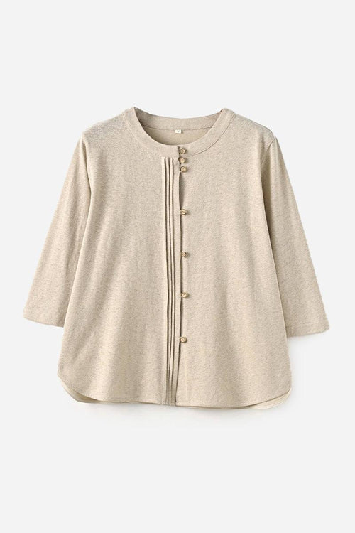 Linen cotton classy eco-friendly women's shirt in neutral tone with button front and 3/4 sleeves