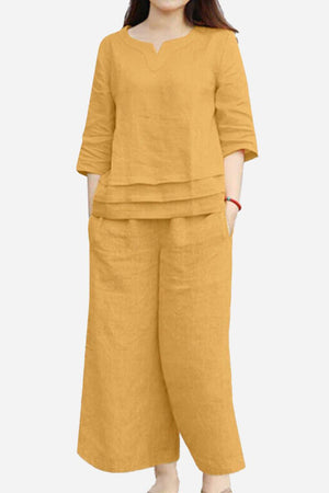 Cotton casual solid color women's pants set in mustard yellow with relaxed fit and breathable fabric