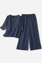 Cotton casual solid color navy blue pants set with relaxed fit and breathable fabric