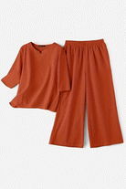 cotton casual solid color loose fit women's pants set in rust shade for everyday comfort and style
