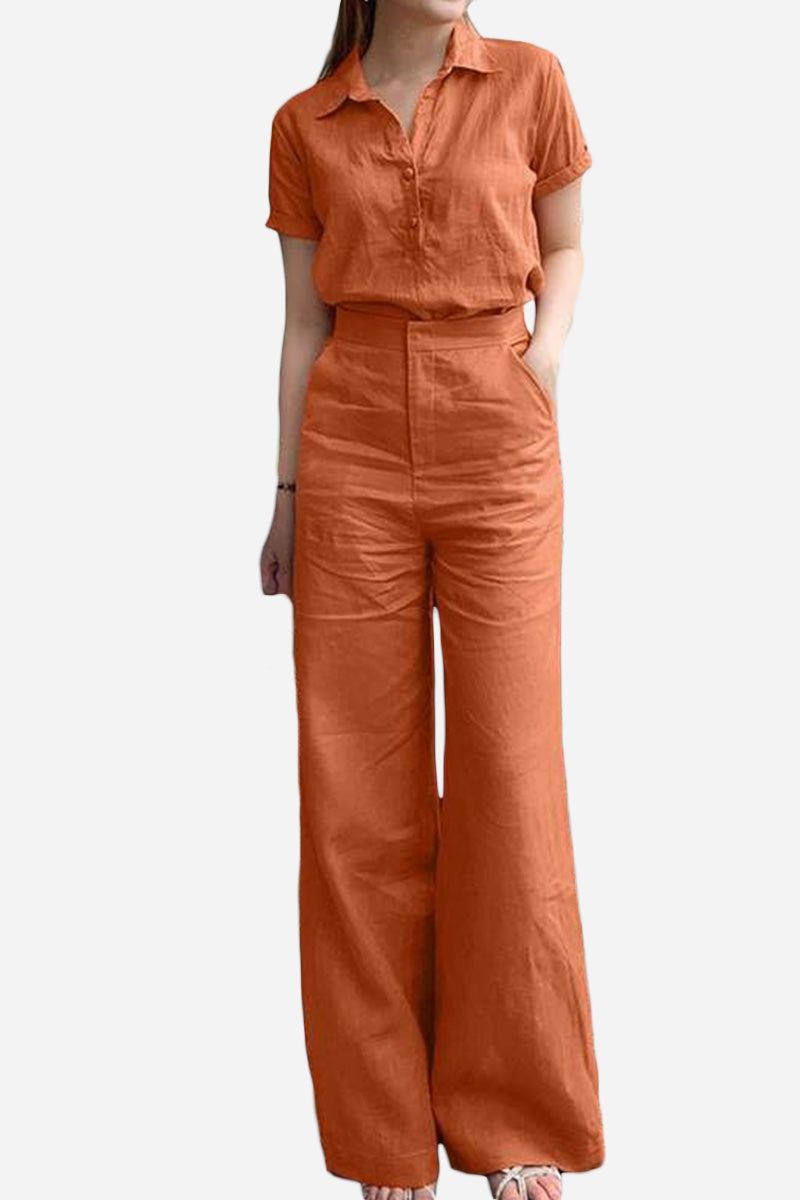 Woman wearing an orange breathable Linen-Look Set with short-sleeve top and wide-leg pants