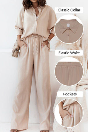 Beige professional two-piece set with classic collar, elastic waist, and pockets for stylish and comfortable wear.