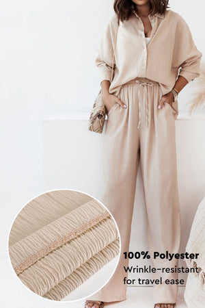 Beige professional two-piece set for women, wrinkle-resistant polyester travel outfit with modern relaxed fit.