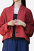 Red one size fits all ramie linen and cotton open-front cardigan with short sleeves and relaxed fit.