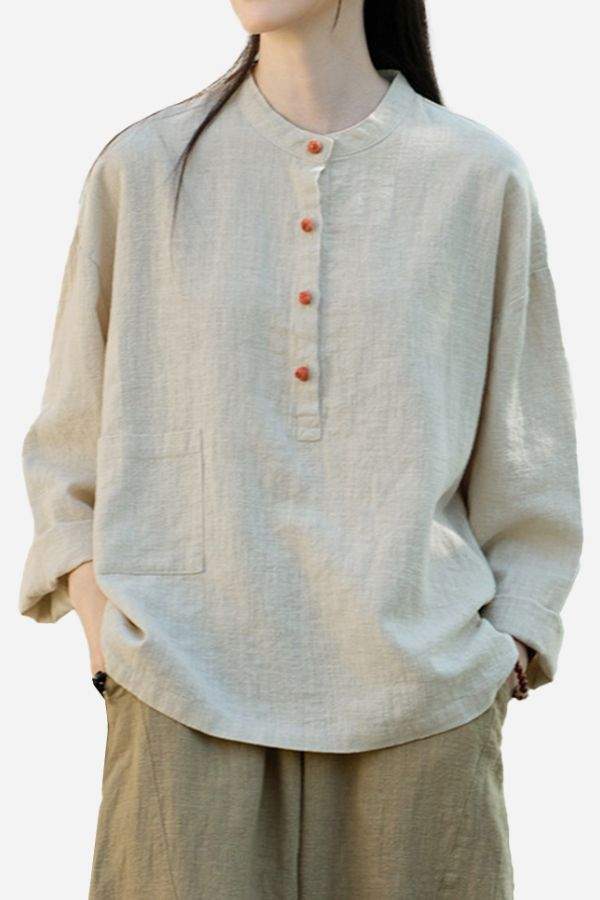 One size ramie linen and cotton blouse with long sleeves and front buttons in natural beige tone