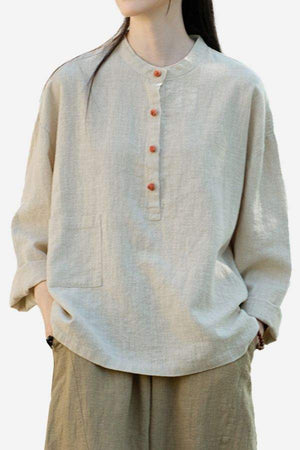 One size ramie linen and cotton blouse with long sleeves and front buttons in natural beige tone