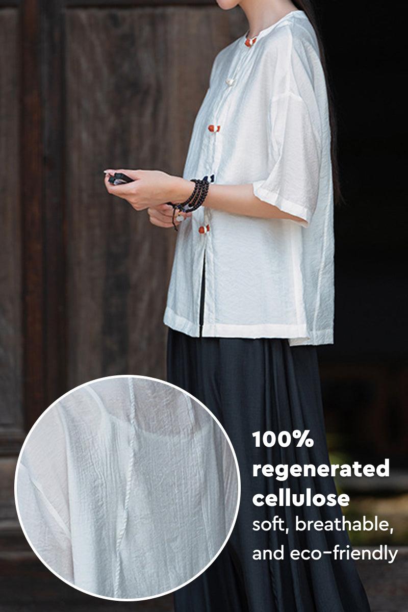 One size fits all eco-friendly regenerated cellulose blouse, soft breathable fabric with asymmetrical buttons