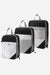 Set of three space-saving compression packing organizers with black and white design, mesh front panels, and zipper closures for efficient travel packing.