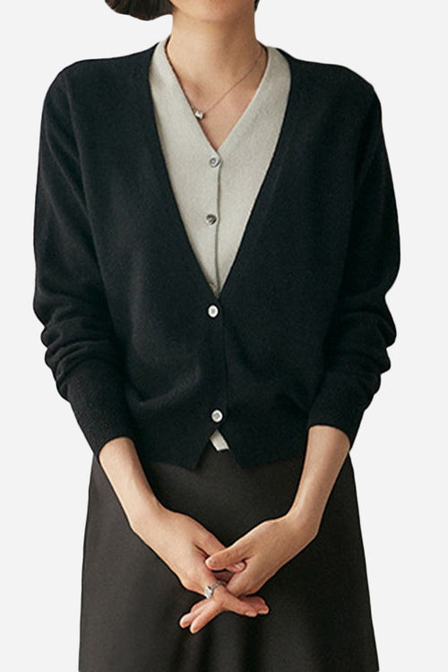 Single-breasted cashmere wool cardigan in black with a relaxed fit, lightweight and elegant for versatile layering.