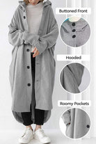 Oversized Everyday Buttoned Hooded Coat in gray with buttoned front, roomy pockets, and relaxed hood for lightweight, breathable travel comfort.