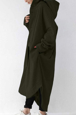 Oversized everyday buttoned hooded coat in lightweight breathable fabric with roomy pockets and relaxed fit.