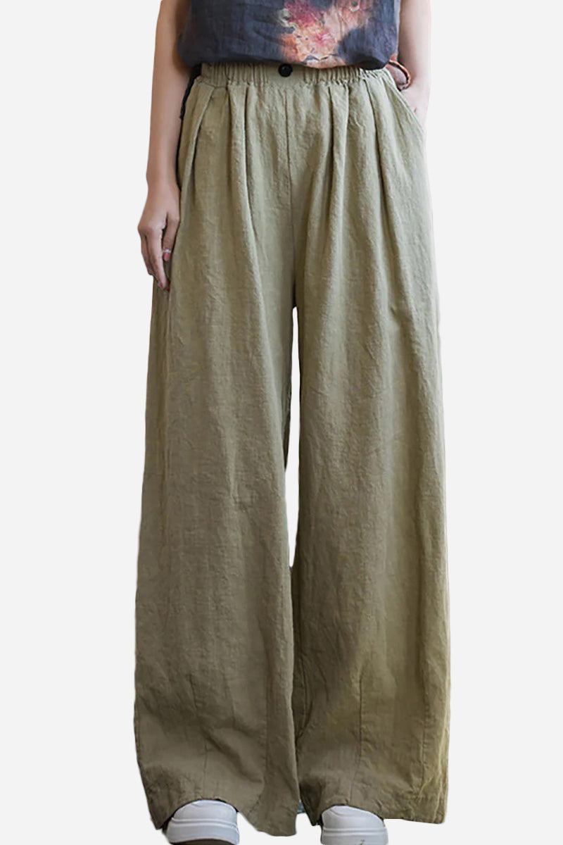 Women's sandwashed ramie linen wide-leg pants in olive green with relaxed fit and elastic waistband