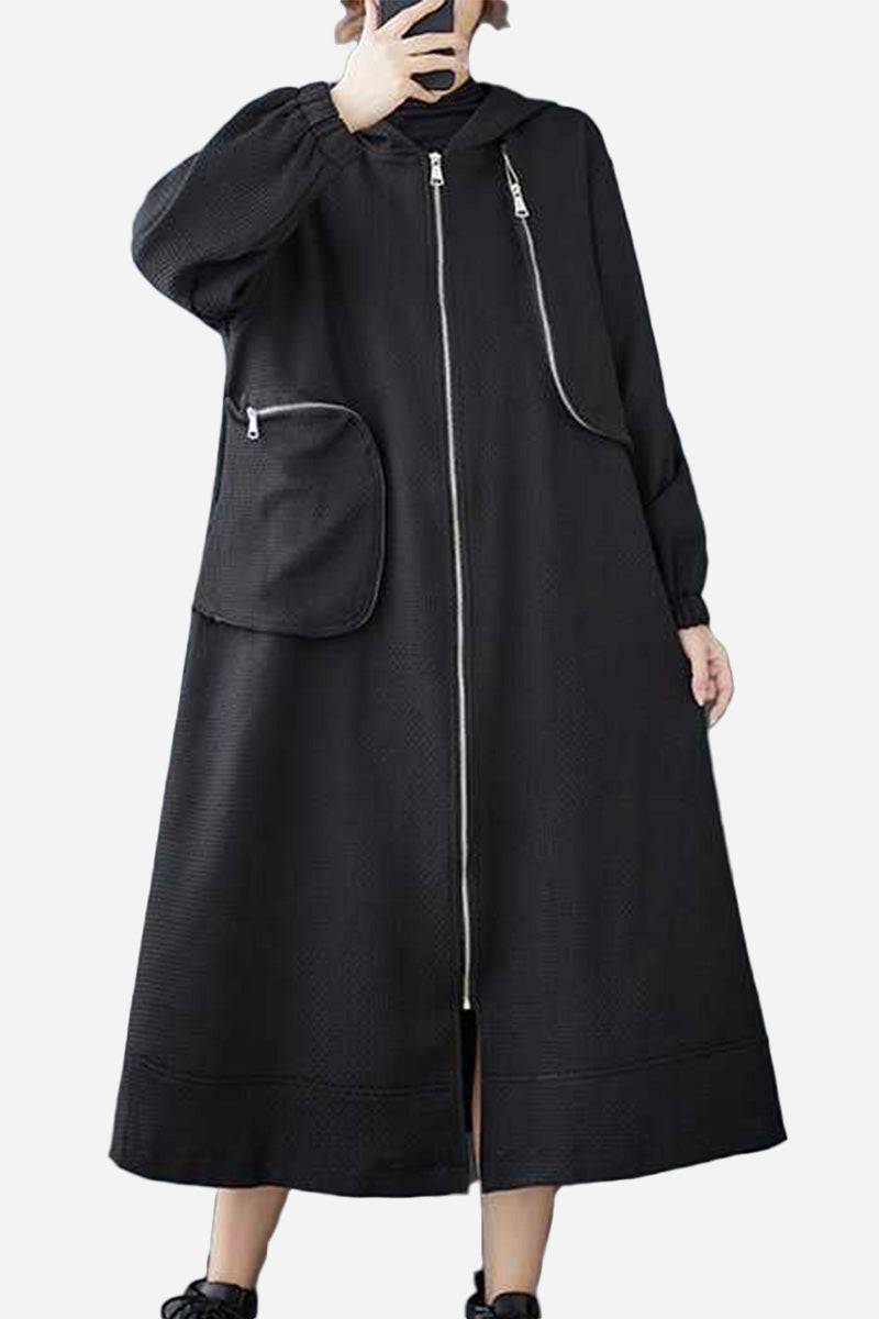 Black ZipLine oversized long coat with A-line silhouette and zippered pockets, lightweight waffle-textured fabric, one size fits all.