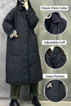 Plus Size Oversized Windbreaker Parka with classic point collar, adjustable cuffs, and deep pockets in black long design