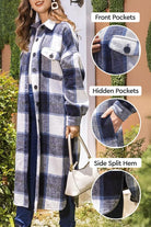 Women wearing oversized medium-length blue plaid overshirt with front and hidden pockets and side split hem outdoors