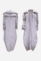Minimalist hooded coat with oversized fit in light grey, front button closure and long sleeves, front and back views