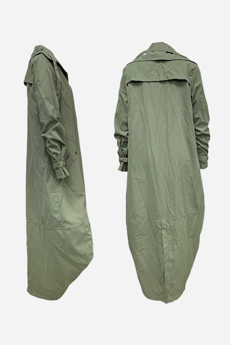 Minimalist hooded coat in olive green with oversized fit, lightweight and travel-friendly design.