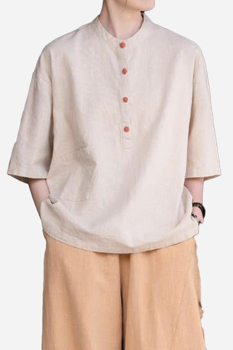 Beige ramie linen and cotton blend relaxed fit shirt with short sleeves and wooden buttons