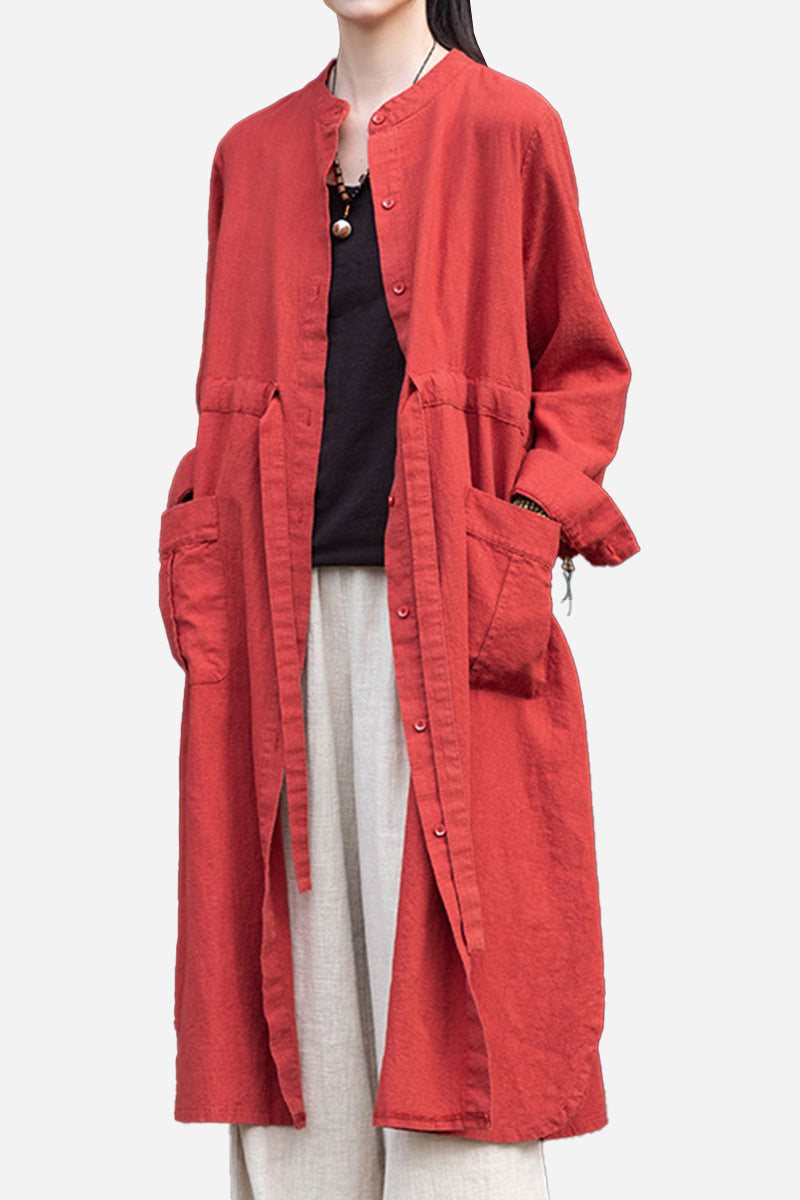 Oversized casual loose ramie linen cardigan in red with front pockets and button closure