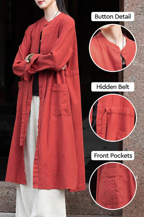Oversized casual loose ramie linen cardigan with button detail, hidden belt, and front pockets in rust color