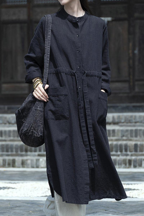 Oversized casual loose black ramie linen cardigan with long sleeves and front pockets