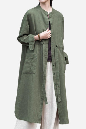 Oversized casual loose ramie linen cardigan in olive green with front pockets and button closure