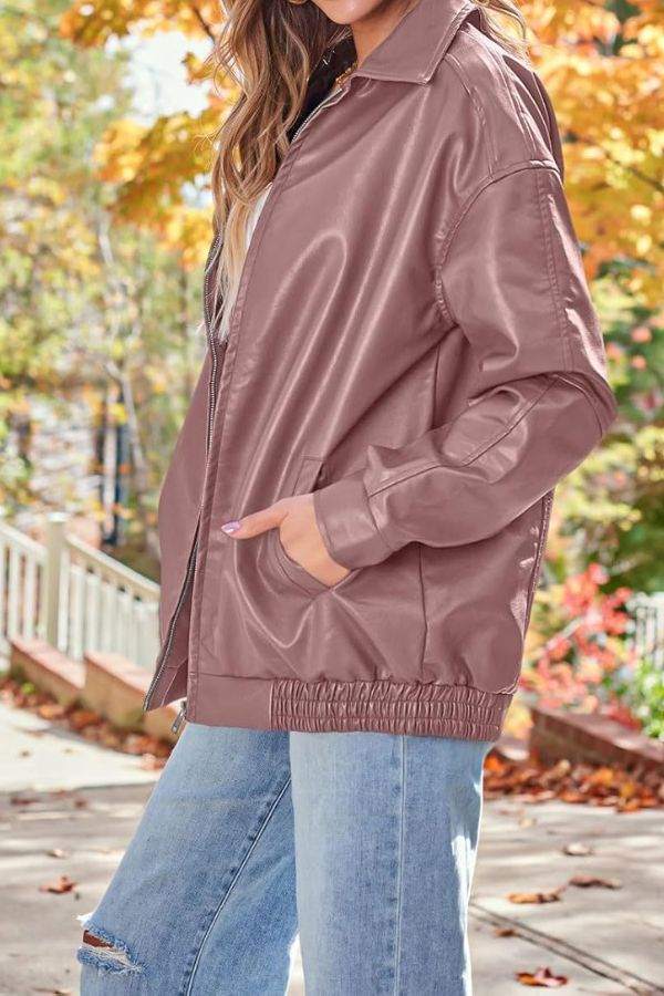Oversized faux leather motorcycle jacket in soft brown with relaxed fit and pockets