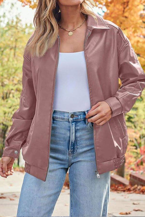 Oversized faux leather motorcycle jacket in mauve with zipper and casual fit