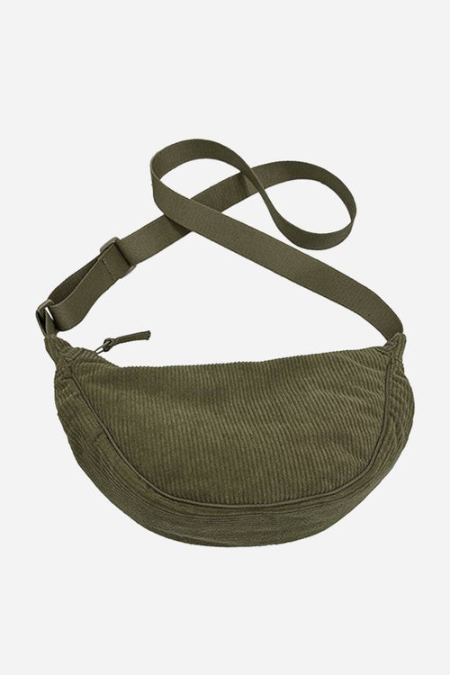 Olive green corduroy shoulder bag with adjustable strap and zip closure