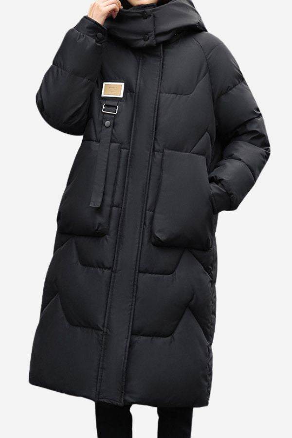 Black FrostLine Long Coat, lightweight insulated winter coat with hood and deep pockets for cold weather travel and layering